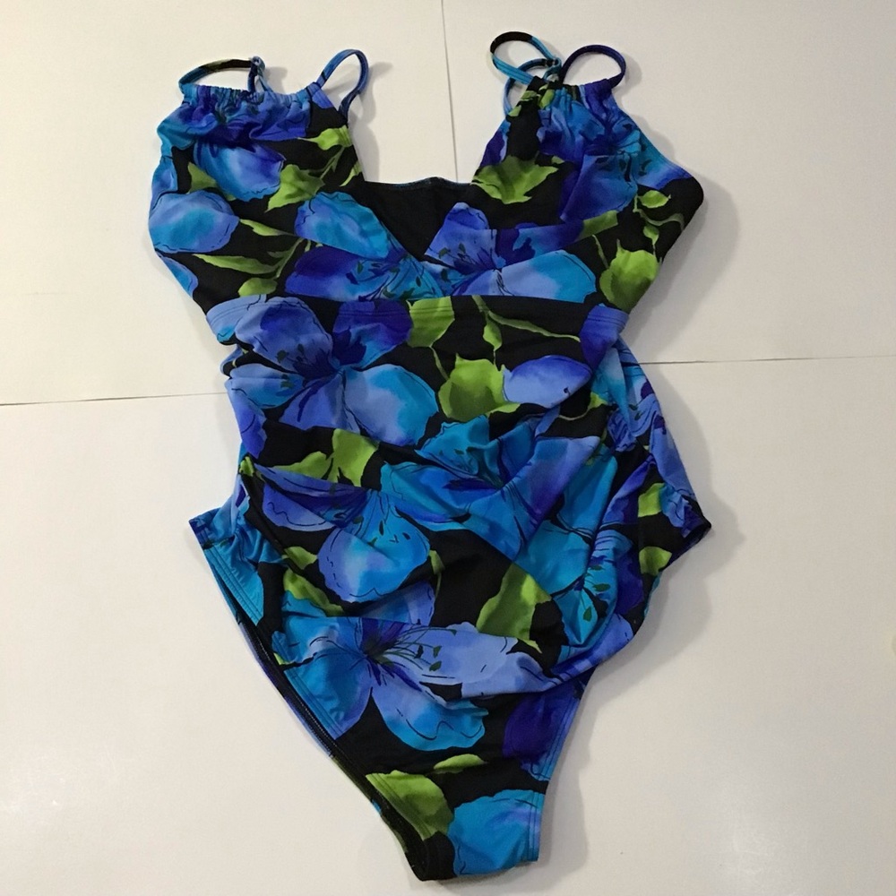Spiegel Swimsuit Womens Sz 22W Blue Green Black Floral One Piece V-neck VTG